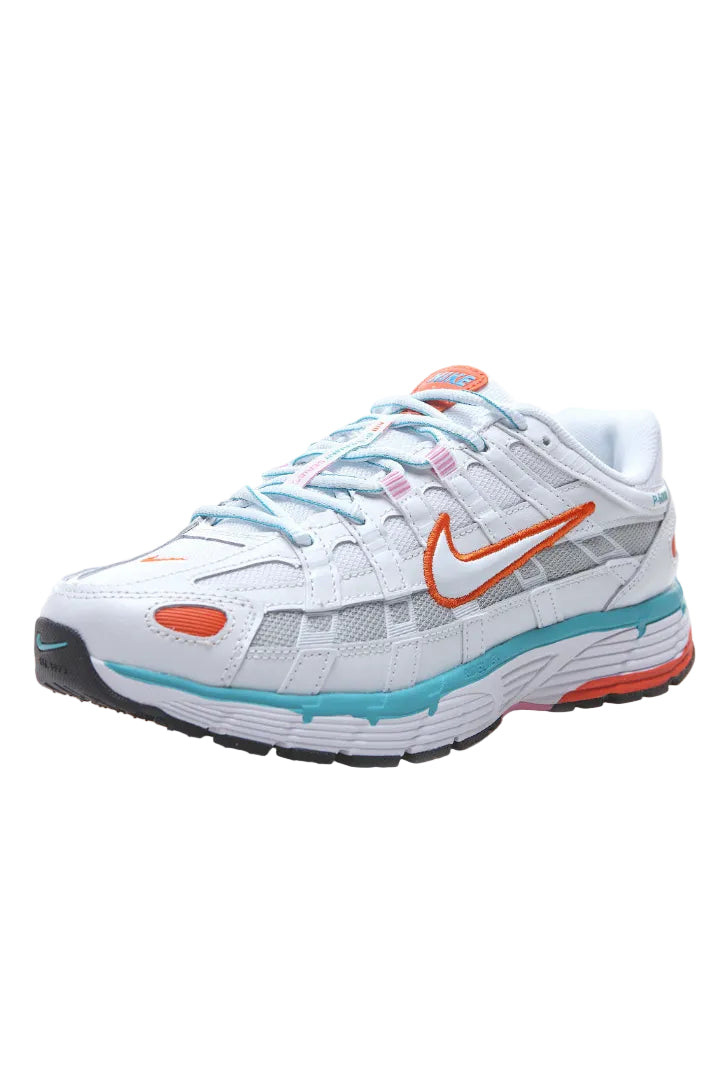White running shoe with orange and blue accents on a white background