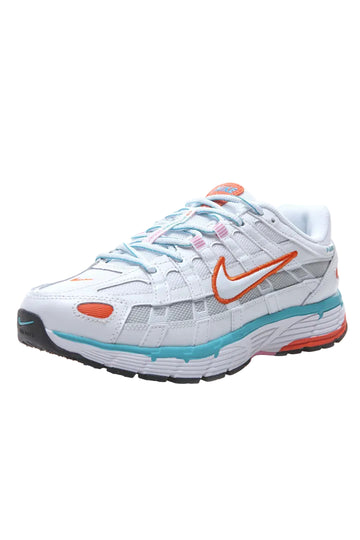 White running shoe with orange and blue accents on a white background