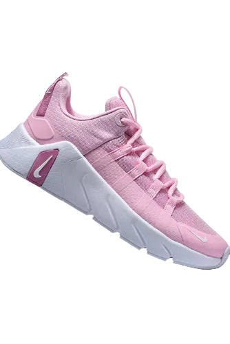 Pink athletic shoe with white sole on a white background