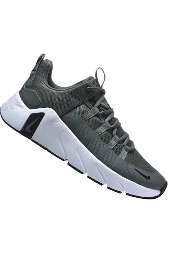 Gray athletic shoe with white sole on a white background