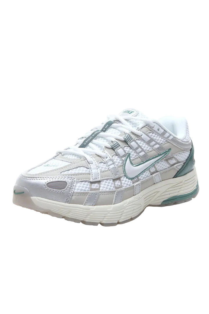 White and gray sneaker with a Nike logo on a white background